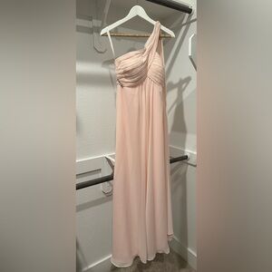 Classic, blush, one shoulder, floor length gown, pleated detail